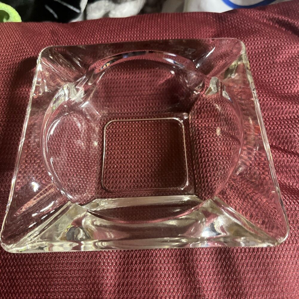 Clear Glass Square Cigar Cigarette Ashtray 6" MCM Vintage 1950s